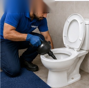 Técnico da Hidrovap realizando desentupidora de vaso sanitário